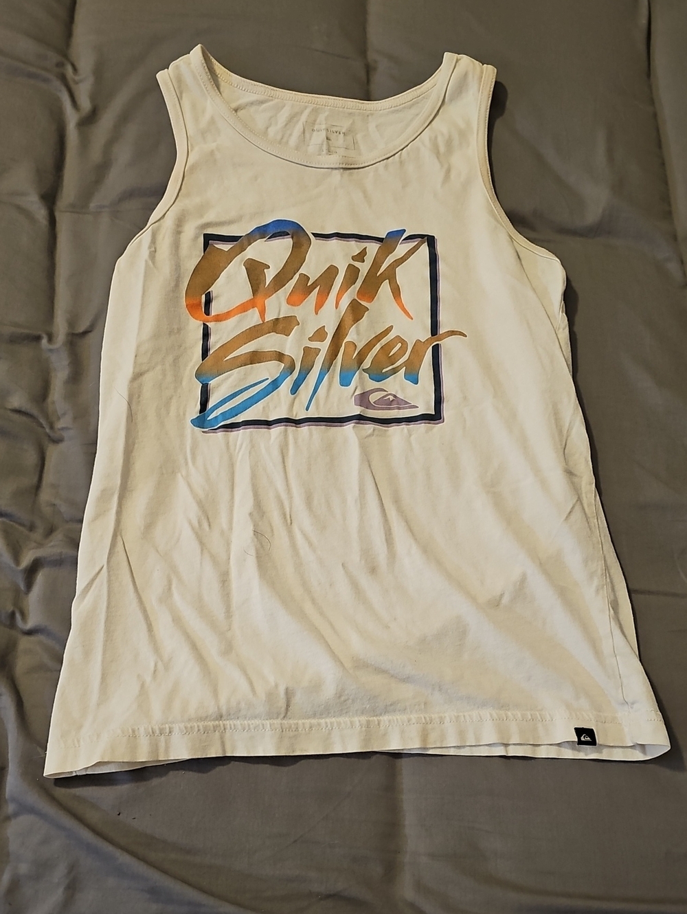 Quiksilver White Tank Top with Blue, Orange & Gold Logo